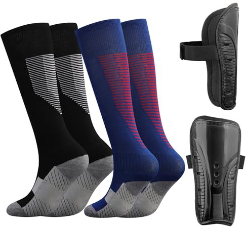 Aquzhou 2 Paar Fußballsocken Kinder mit Schienbeinschoner Kinder Fussball, 5-12 Jahren Lange Gepolstert Fussballsocken Stutzen Kinder Fußball für Jungen Mädchen