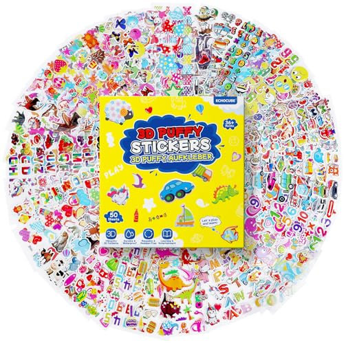 ECHOCUBE 3D Puffy Aufkleber - Wiederverwendbare 3D Aufkleber mit Einhorn, Dinosaurier & Zahlenmustern, 50 Blatt Dekorationsaufkleber für Kinder Party Tütenfüller, Geschenk & Basteln