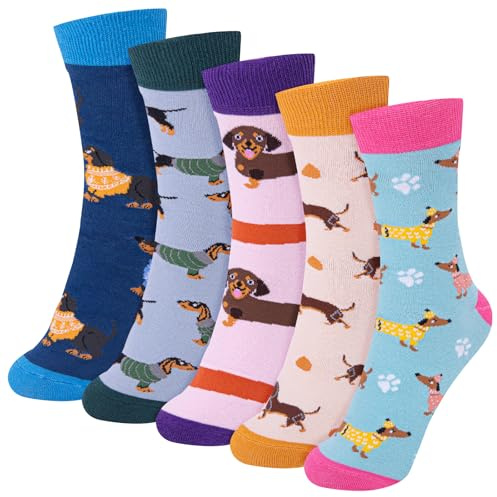 Riqiaqia 5/6 Paar Damen Socken Lustige Bunte Baumwolle Crew Socken mit Katze Hund Muster, Weihnachtsgeschenke für Damen Frauen, Einheitsgröße