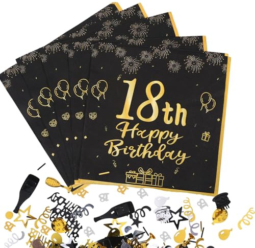 40 Stück 18. Geburtstag Servietten, 18 Jahre alter Junge Geburtstag Dekorationen, Schwarz und Gold Konfetti, Triple Servietten, Happy Birthday Dekorationen Tischdekorationen