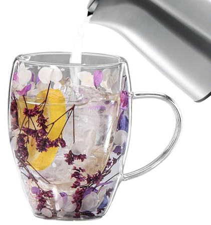 GjnjfdF Fleurs Tasse en Verre Double Couche Verres à Double Paroi 350 ml Tasse en Verre à Double Paroi Tasse avec Fleurs Sèches pour Chocolat Café Jus Thé Glace pour Hommes et Femmes