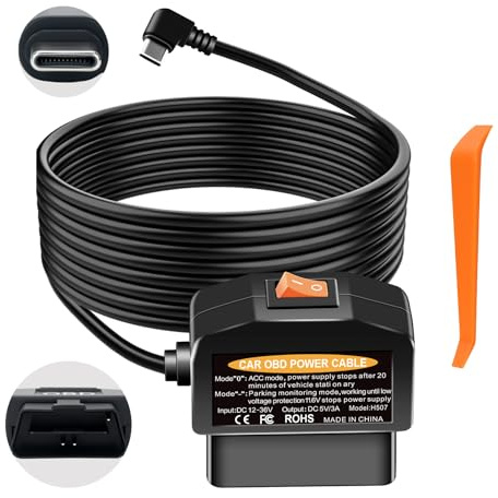 BNnYY OBD2 Dash Cam Power Kabel - Typ C USB Adapter w/Acc & Parking Mode Switch, Extended Recording, Low Voltage Cutoff (11.7V), Plug & Play für Dash-Kameras
