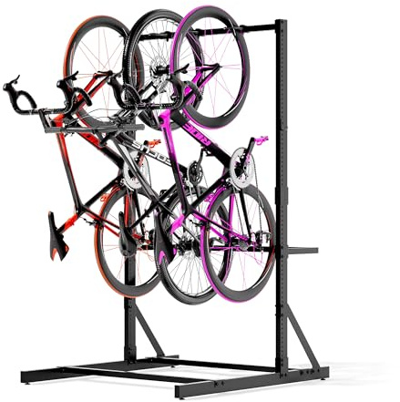BIXUYOU Freistehender Fahrradständer für die Garage, Stahl-Fahrradparkplatz für 5 Fahrräder Ausreichend für 136 kg, Vertikale Fahrradaufbewahrung mit Haken und Helm-Haken für Haus Aufbewahrung