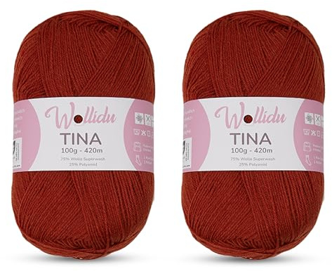 Wollidu Tina Strumpfwolle/Sockengarn 4-fädig 2er Set – 75% Wolle 25% Polyamid – 100g/420m – Nadelstärke 2–3 mm – uni Sockenwolle – Farbe Rostrot
