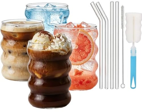 unbholkk 4er Set 350 ML Bubble Gläser, Gläser Gerippte Trinkgläser mit Glasstrohhalmen, Wave Gläser Wassergläser, Matcha Gläser für Gastronomie, Wasser, Saft, Bier (Paket1)
