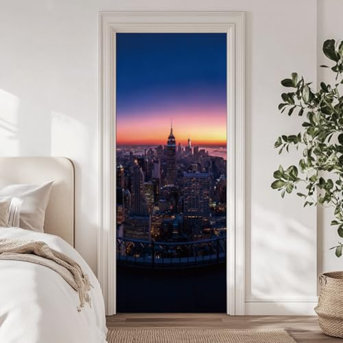 arricraft 2 Stück 3D Selbstklebender Türaufkleber 31.5X78.7 Türwandaufkleber Mit Manhattan Skyline Abnehmbarer PVC Tapete Geeignet Für Schlafzimmer Und Wohnzimmer