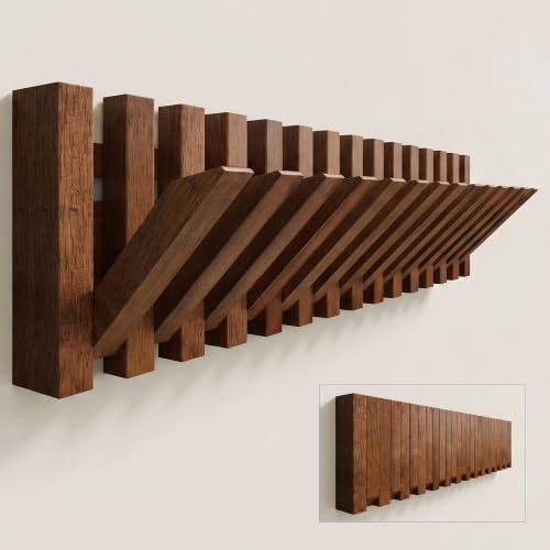 doporro Garderobenleiste Holz, Wandgarderobe, 14 Kleiderhaken klappbar | Garderobenhaken Holz und platzsparende Hakenleiste in Walnuss für Jacken, Mäntel und Taschen – für Flur und Schlafzimmer