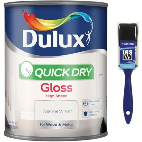 Jasmine White Quick Dry Gloss Paint 750ml+ 1 Paint Brush | Interior Wood and Metal Paint | High Shine Durable Finish | Fast Drying Trim Paint for Doors Skirting Boards Radiators and Furniture