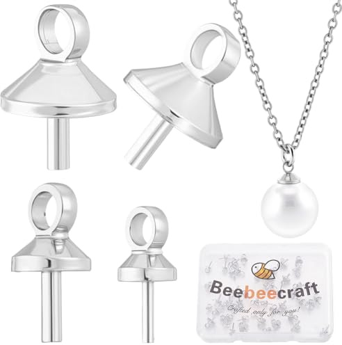 Beebeecraft 60 Pezzo 3 Misure di Ganci A Occhiello per Ciondoli per Perle 3mm/4mm/5mm in Ottone Placcato Platino Argento Piccole Coppe per Perle Perline A metà Foro Ciondoli Componenti per La