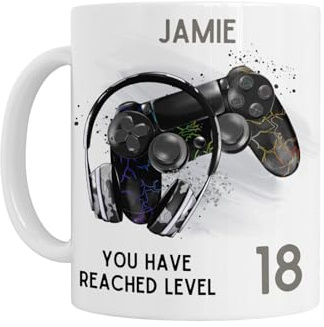 18th Birthday Gift - Personalised 18th Birthday Mug, 'You Have Reached Level 18' Gaming Controller Design, White Ceramic, for Boys, Son, Grandson