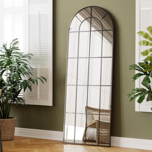 Kdtoll Espejo de Cuerpo Entero 175 x 63 cm, Espejo de Pie con Arco Tipo Ventana y Marco Metálico, Diseño Moderno con Rejilla, Espejos Grandes de Pared Decorativo para Dormitorio, Vestidor y Salón