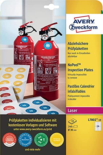 AVERY Zweckform L7802-10 Prüfplaketten bedruckbar (Ø 30 mm auf DIN A4, selbstklebend, abziehsicher, manipulationsichere Dokumentenfolie, Prüfetiketten, blanko) 240 Aufkleber auf 10 Blatt weiß