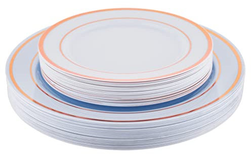 TOROTON 60 Elegante wiederverwendbare Plastikteller ohne Besteck mit Goldrand, 30 Speiseteller & 30 Dessertteller, wiederverwendbares Geschirr f. Catering Hochzeiten Partys Geburtstage - Rosegold
