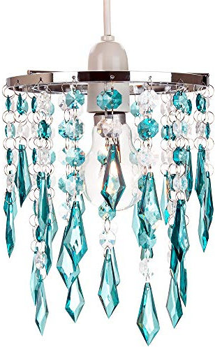 Modern Waterfall Design Easy Fit Pendant Shade with Clear/Teal Acrylic Droplets and Beads - Chrome Metal Rings - 16cm Diameter by Happy Homewares