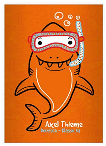 2 personalisierte Lustige Tiefsee Taucher DIN A4 Schulhefte, Rechenhefte mit Comic Haifisch, orange Lineatur 23 (kariertes/rautiertes Heft 16 Blatt/32 S.) Notizheft für Schule, Universität, Büro