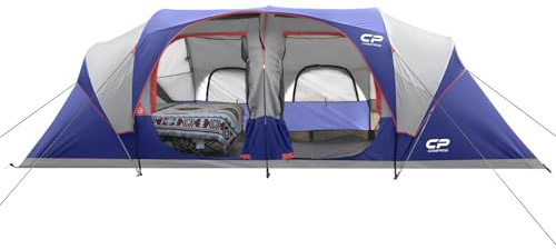 CAMPROS CP Tente Familiale 6-12 Personnes, Grande Tente Tunnel avec 3 Chambres, Hauteur 183 cm, Tente Camping Imperméable avec Grand Espace de Vie, Moustiquaires et Sac de Transport