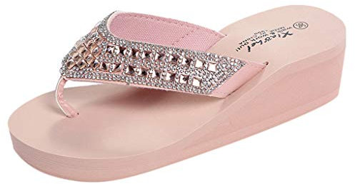 Pantoufles Mode Été Femmes Strass Compensées Tongs Chaussures de Plage Décontractées (37,Rose)