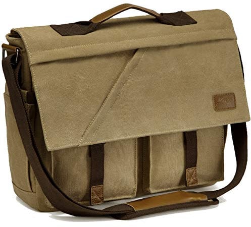 Kasgo Messenger Bags for Men, 15.6 inch Canvas Satchel Bag Water Resistant Laptop Computer Shoulder Bag Man Bag with Padded Shoulder Strap and Luggage Sleeve for Work College Business, Khaki