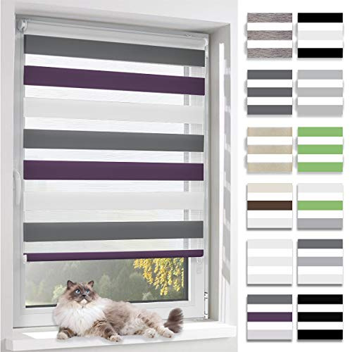 BelleMax Doppelrollo Klemmfix ohne Bohren & mit Bohren, Weiß Lila Anthrazit B60 x H120 cm (Stoffbreite 60cm), Fensterrollo lichtdurchlässig & Blickdicht, Klemmrollo Sichtschutz & Sonnenschutz