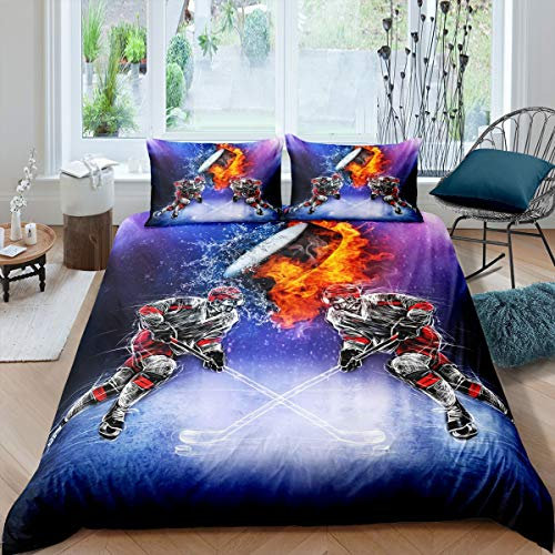 Tbrand Eishockey Bettwäsche Set 135x200cm Hockey Sport Thema Betten Set Für Kinder Erwachsene Jungen Winter Wettkampfspiele Bettbezug Set 3D Ballmuster Raumdekor Bettwäsche Reißverschluss
