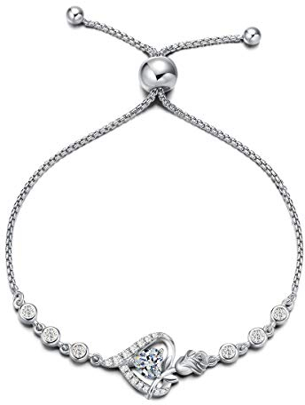 Agvana Damen Armband Herz, 925 Sterling Silber Geburtsstein Armbänder, April Birthstone Simulierter Diamant Rose Blume Herz Verstellbare Armband Edlen Schmuck Geschenk für Frauen Ehefrau Mama