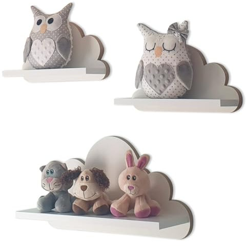 MOLILAND 3er Set Wandregal Kinderzimmer Weiß | Babyzimmer Wolkenregal für Bücher, Spielzeug, Dekoration | Regal Wolke aus Holz | Skandinavischen Stil | Schweberegal Wanddeko Ibiza- Elegance
