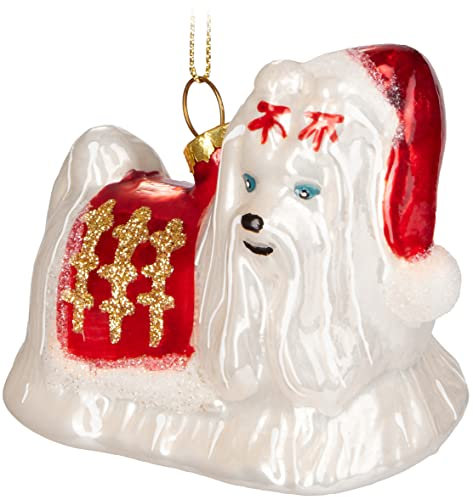 BRUBAKER Malteser im Weihnachts-Outfit mit Weihnachtsmütze Gold Rot - Handbemalte Weihnachtskugel Hund aus Glas - Mundgeblasener Christbaumschmuck Figuren Lustig Deko Anhänger Baumkugel - 7,2 cm