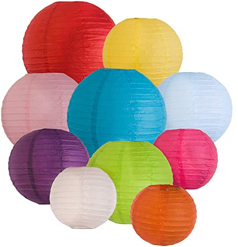 Mr Gadget Solutions® Paper Lanterns Lot de 10 lanternes chinoises rondes en papier Couleurs mélangées 20,3 x 20,3 cm