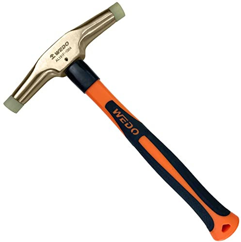 WEDO Martillo de Nylon con Mango de Madera,Sin Chispas,Bronce de Aluminio,Cabeza 420 g,Martillo de Tapicería,280 mm,Mango de Fibra Vidrio,Certificación BAM