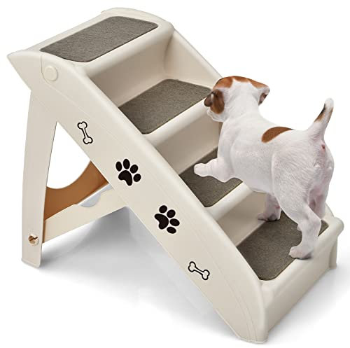 GYMAX Scaletta Pieghevole per Animali Domestici, Scaletta a 4 Gradini per Gatti e Cani in Plastica con Rivestimento Antiscivolo, Facile da Salire e Scendere, Carico di 60 kg, 62 x 38 x 50 cm (Beige)