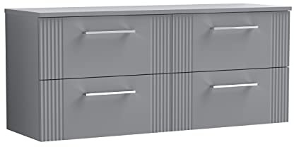 nuie DPF293W2 Deco Modern Bathroom Wall Hung 4 Drawer Part Fluted Vanity Basin Unit with Double Worktop, 1200mm, Satin Grey