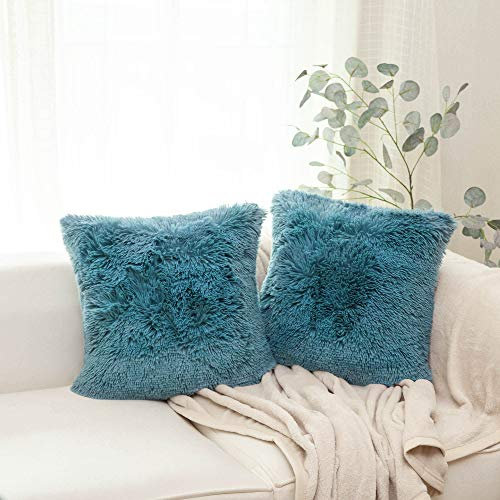 NordECO HOME 2er Set kissenbezüge 50x50 cm Kissen Dunkelblau Künstlich Pelz Fellkissen Dekorative Deko Kissen Kuschelkissen Flauschig Sofakissen Weich für Sofa