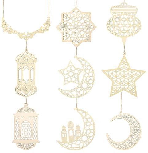 Holz Anhänger Ornament, Eid Hängendes Zeichen, Deko Zuckerfest zum Aufhängen, Eid DIY Dekorationen mit Mond Stern Pendelleuchte Windform Halbmond Ornament für Muslimischen Islam Eid Al-Fitr