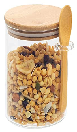 Bocaux de conservation en verre avec couvercle, couvercle en bambou et cuillère, bocaux de rangement hermétiques en verre pour sucre, café, thé, épices, céréales, haricots, sel (1 lot de 505 ml)