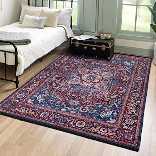 Mazovia Orientalisch Vintage Teppich - Kurzflor Waschbar - Weich Traditioneller Teppich für Wohnzimmer, Schlafzimmer, Esszimmer – Oriental Teppiche - Rot Blau 200 x 300 cm