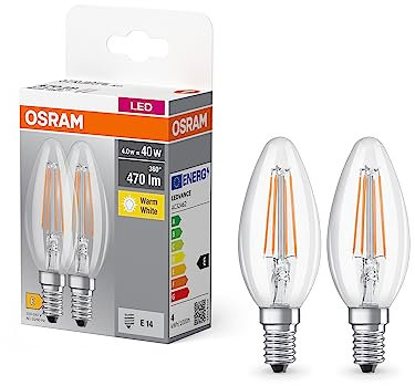 OSRAM BASE CLASSIC B FIL 40 LED-Lampe mit Sockel E14, Minikerzenform, Doppelpack, 4W, 470lm, 2700K, warmweißes Licht, geringe Wärmeentwicklung, lange Lebensdauer, geringer Energieverbrauch