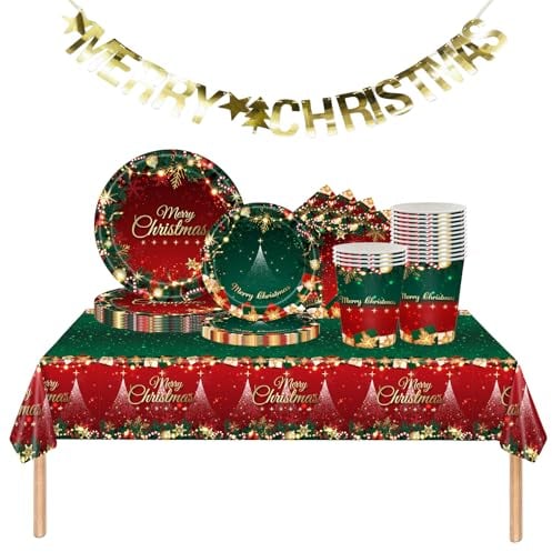 Xmax - Juego de Vajilla para Fiesta de Navidad, 70 Piezas, Platos Desechables, Servilletas, Vasos, Mantel y Pancarta de Feliz Navidad, Decoración de Mesa