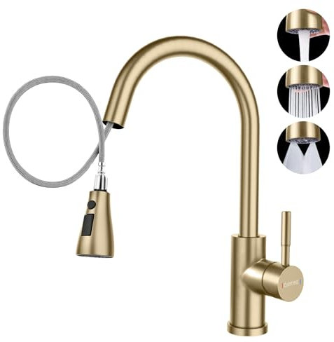 DAYONE Gold Kitchen Mixer Tap with Pull Out Spray, SUS304 Stainless Steel Sink Taps Mixer with 3 Functions for Kitchen, 360° Swivel Single Handle High Arc Kitchen Faucet, Brushed Gold