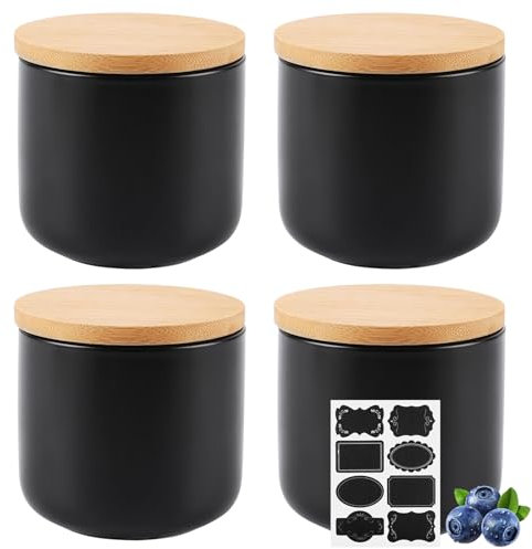 VIDETOL 4 Pièces Boite Rangement Cuisine en Céramique, 260 ml Bocaux Epices avec Couvercle en Bambou, Noir Bocal Hermetique pour Thé, Bonbons, Noix, Épices, Sucre