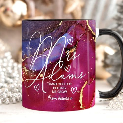 The Whistling Wren Personalised Teacher Appreciation Thank You Mug Gift, End of Term Gift, Personalised Marble Mug & Coaster Set for Teacher, TA or Mentor