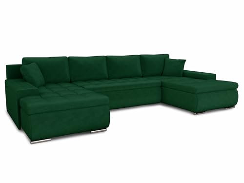 Wohnlandschaft mit Schlaffunktion Faris U-Form - Couch, Schlafsofa mit Bettkasten, Couchgranitur mit Bettfunktion, Big Sofa, Bettsofa (Grün (Kronos 19))