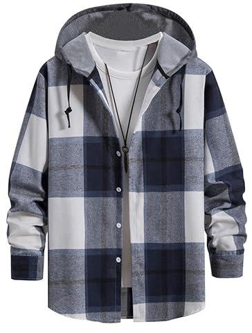 Iris Sprite Sweat à Capuche Homme Chemise Carreaux avec Poche Poitrine Épissage Manches Longues (Marine blau-A111, Small)