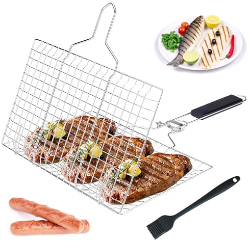 FZYCOM Griglia Barbecue con Spazzola, Cestello per Griglia Portatile, Cestello per Barbecue in Acciaio Inossidabile Griglie per Barbecue Pieghevole per Bistecca di Pesce Gamberetti Verdure