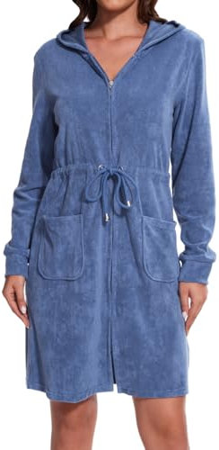 Mnamo Eleganter Damen Bademantel mit Kapuze und Reißverschluss aus Frottee Kurz und Leicht Jeansblau Gr.M