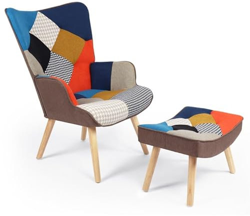 IDMarket - Fauteuil scandinave Ivar avec Repose Pieds en Tissu Patchwork Multicouleurs et imprimé Pied de Poule
