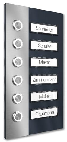 Graviers Design Campanello plurifamiliari con LED pressione Targhetta 6 nomi - V2A acciaio inox 140x255 mm Verniciatura a polvere RAL 7016 - incasso selezionabile da esterno per porta