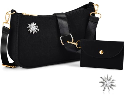 Weewooday Trachtentasche Filz Damen Handtasche mit 2 Edelweiß Brosche Traditionelle Bierfest Kleid Umhängetasche Zubehör mit kleine Filztasche Silberne Edelweiß Dekoration für Festtagskleider(Schwarz)