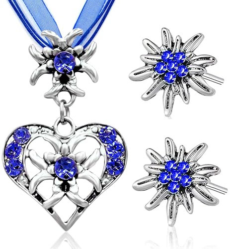 3 Stück Trachtenkette Wiesnherz,Trachtenschmuck Damen Set,Oktoberfest Trachtenschmuck Damen,Edelweiss Dirndl Schmuck für Damen Bierfest Trachten Dirndl Outfit Accessoires Oder Lederhose Damen Tracht