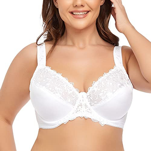 Ayigedu Women's Full Coverage Underwire Bra Non-Padded Floral Lace Plus Size Minimizer 32G White