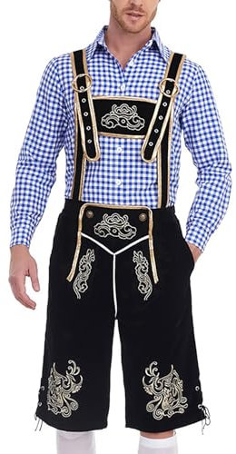 Oktoberfest Herren Outfit Herren Deutsch Bayerischen Oktoberfest Kostüm Vintage Stickerei Lederhose Kariertes Trachtenhemd Lederhose mit Trägern Trachten Set für Herren Cosplay Party Karneval